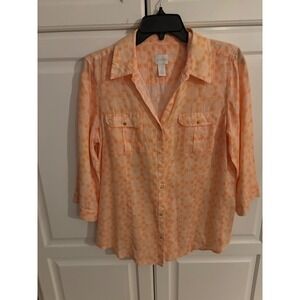 Chico's Women's Peach‎ Linen Button Down Top Blouse Size 1 Floral Print